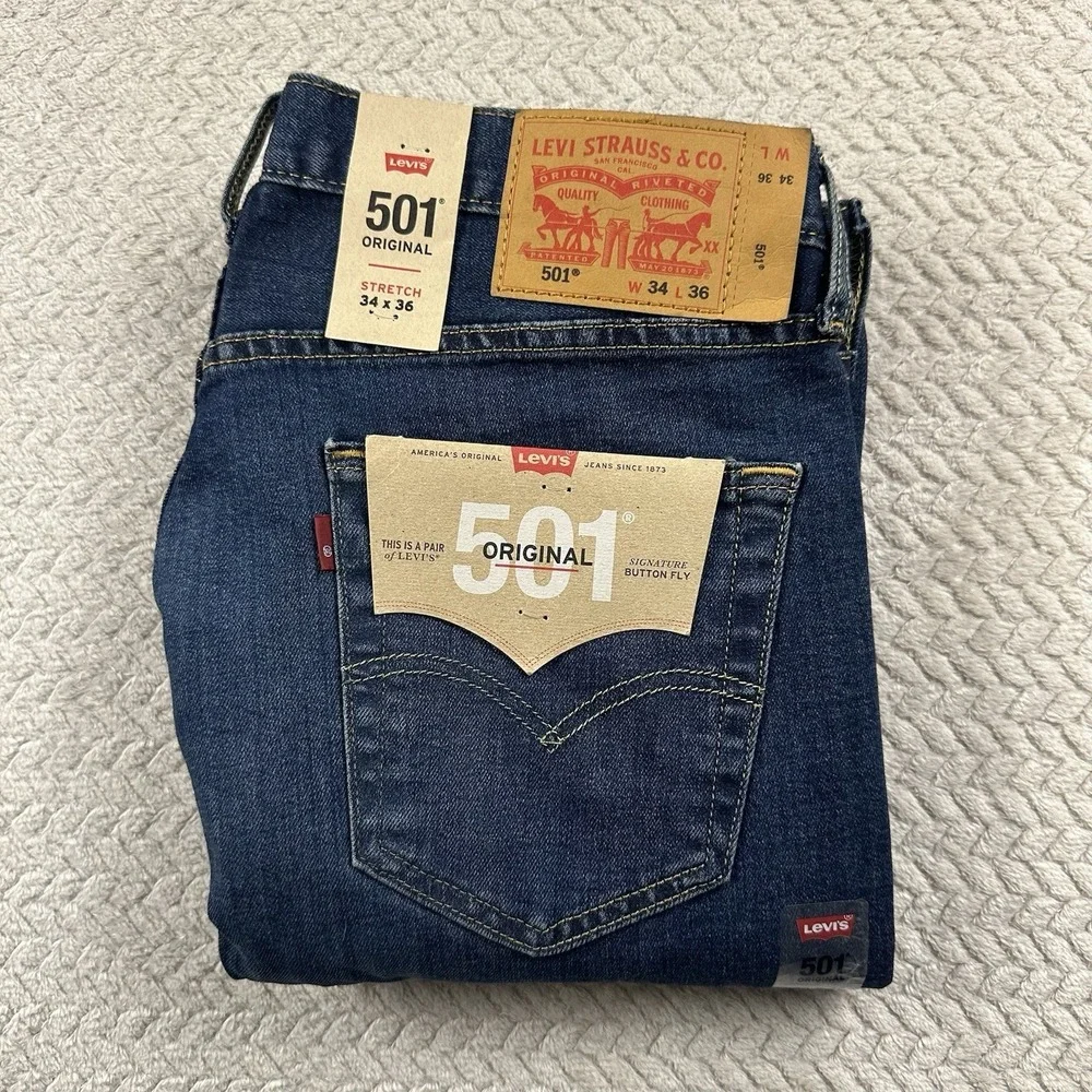 NWT Levis 501 XX Mens 34x36 Button Fly Original Stretch Tall Denim Medium‎ wash
